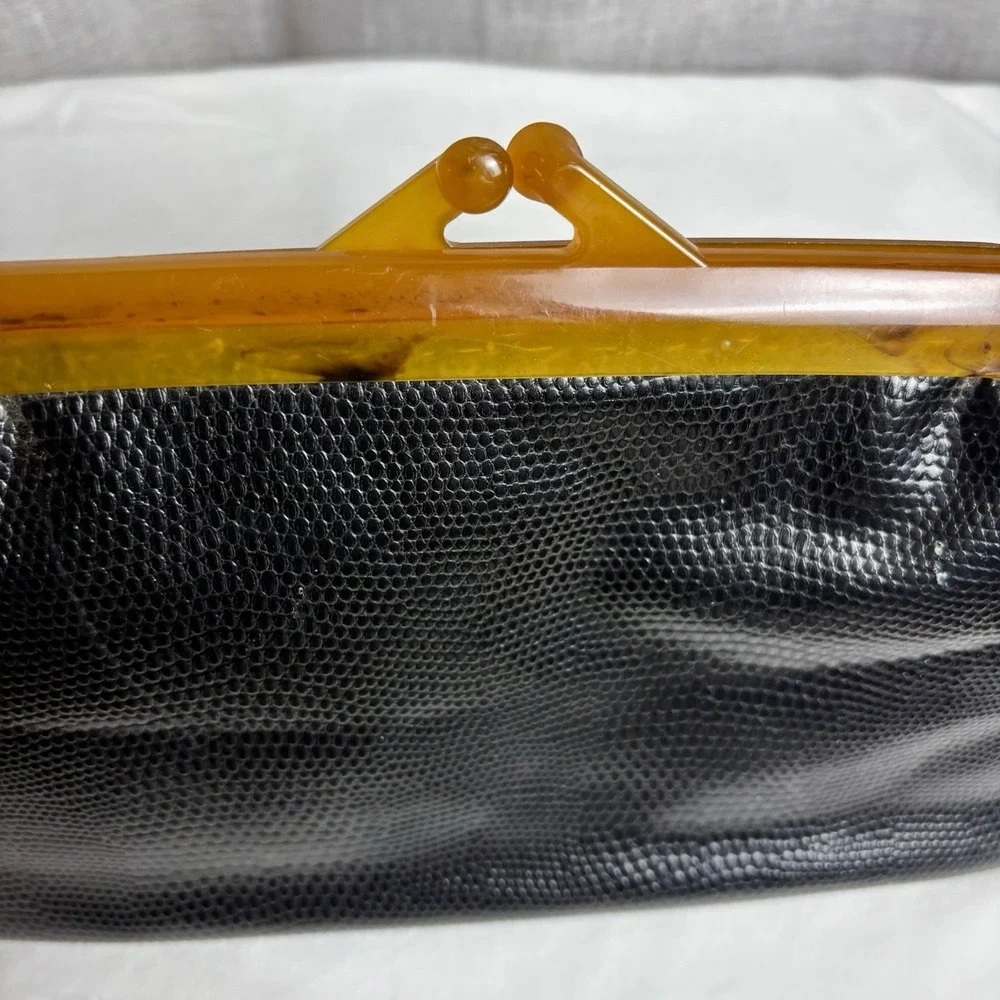 Vintage 70s Black Faux Snakeskin Clutch With Tortoiseshell Lucite Kisslock Frame